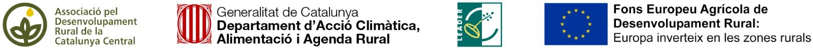 Logotips: Associació pel Desenvolupament Rural de la Catalunya Central · Generalitat de Catalunya, Departament d’Acció Climàtica, Alimentació i Agenda Rural · LEADER · Fons Europeu Agrícola de Desenvolupament Rural