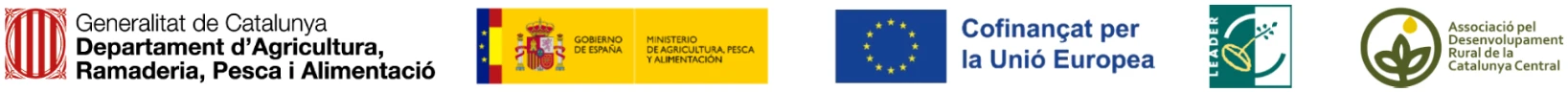 Logotips: Generalitat de Catalunya, Departament d’Agricultura, Ramaderia, Pesca i Alimentació · Gobierno de España, Ministerio de Agricultura, Pesca y Alimentación · Cofinançat per la Unió Europea · LEADER · Associació pel Desenvolupament Rural de la Catalunya Central